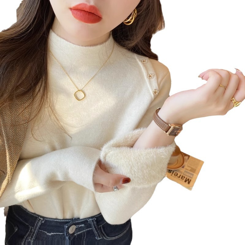 Camisa de fondo de punto de cuello alto para mujer con suéter de terciopelo de una pieza de estilo occidental Otoño e Invierno 2023 nuevo top de alta calidad