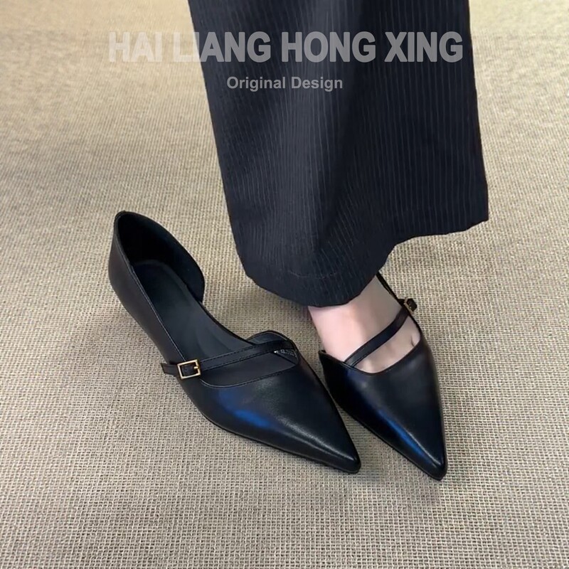 French-Style Pointed-Toe Shallow-Mouthed Women's Soft Leather Flat Low-Heel Professional Commuting Slip-On Versatile Black Shoes French-Style Pointed-Toe Shallow-Mouthed Women's Soft Leather Flat Low-Heel Professional Commuting Slip-On Versatile Black Shoes