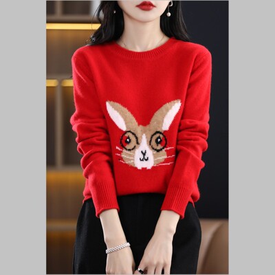 23 new year gules rabbit Jacquard weave T-shirts Cardigan glasses knitting Pure wool Primer sweater On behalf of