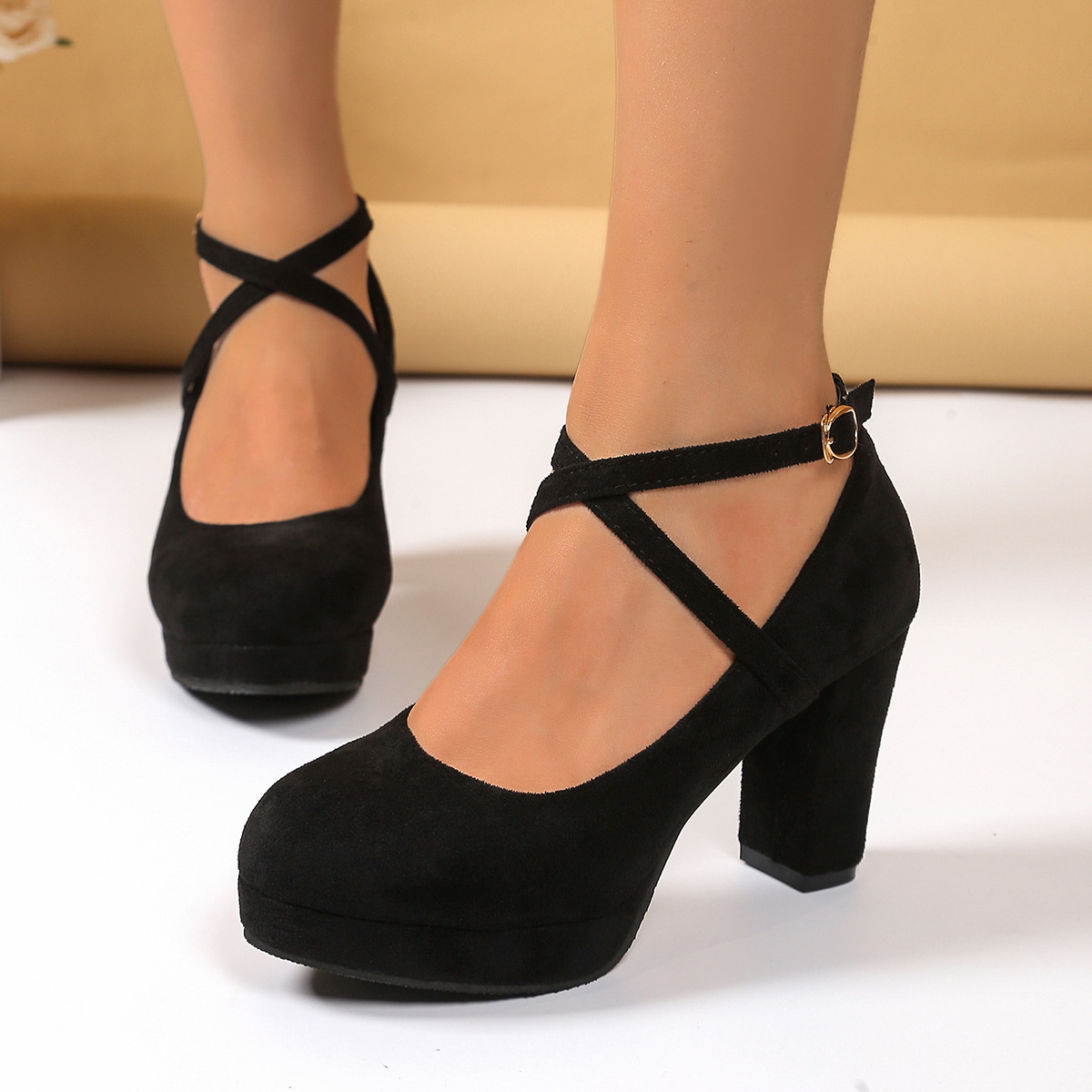 2025 Summer European and American Export Shallow High-Heeled Shoes New Large Size Thick Heel Suede Cross-Strap Cross-Border Shoes for Women
