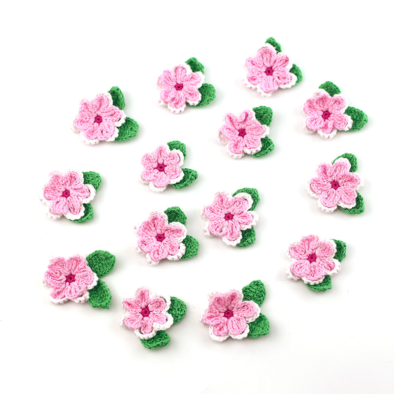 4cm精致手工钩针花朵多层花绿叶手钩花服装童装发饰包包辅料