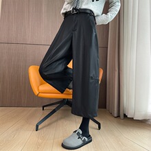 黑色PU皮裤阔腿裤女秋冬款防风八九分弯刀哈伦直筒裤