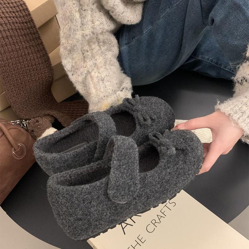 小香风蝴蝶结灰色毛呢内增高加绒勃肯鞋子女厚底玛丽珍浅口毛毛鞋|undefined