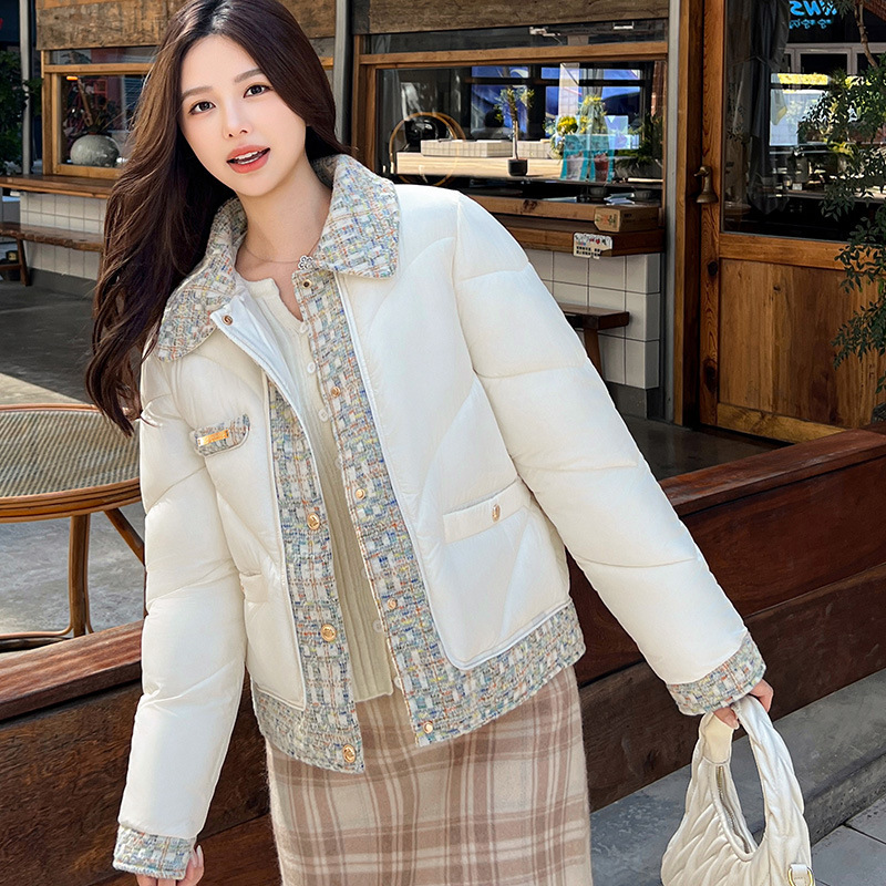 棉服女小香风格子撞色拼接防寒服显瘦洋气保暖棉袄短款外套小棉衣|undefined