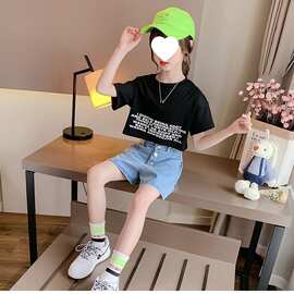 女童套装牛仔短裤炸街漏背网红韩版儿童时髦洋气女孩露背两件套无