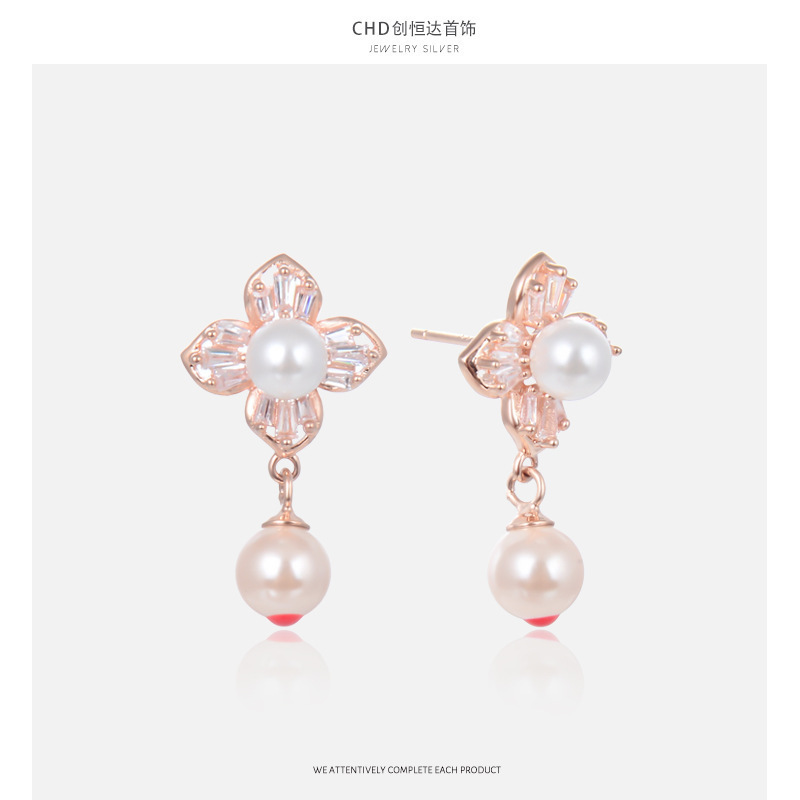 S925 plata, perlas de oro, tetrahedron, pendientes de orejas, aretes de zircón suaves coreanos, estilo retro