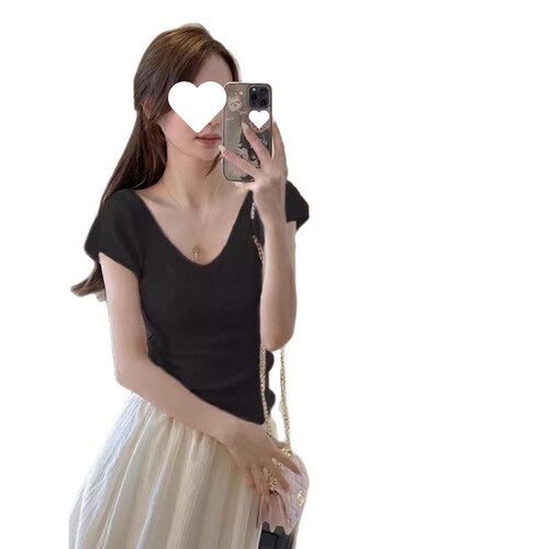 V-neck, small flying sleeves, ice silk short sleeves, women's summer thin style, temperament, figure-fitting, all-matching, slimming, straight shoulder knitted T-shirt top