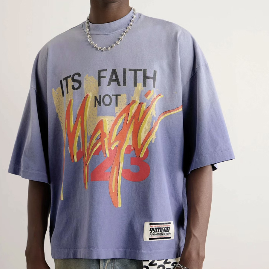 RRR 123 Su fe no es mágica Lavar con agua hacer vieja impresión gimnasio hombre camiseta de manga corta suelta