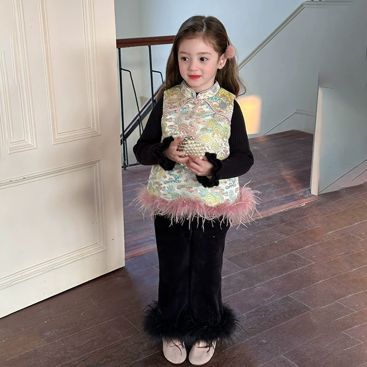 Emo Bebe Съемный страус Новогодние костюмы для девочек Новый китайский жаккардовый серебряный шелковый жилет