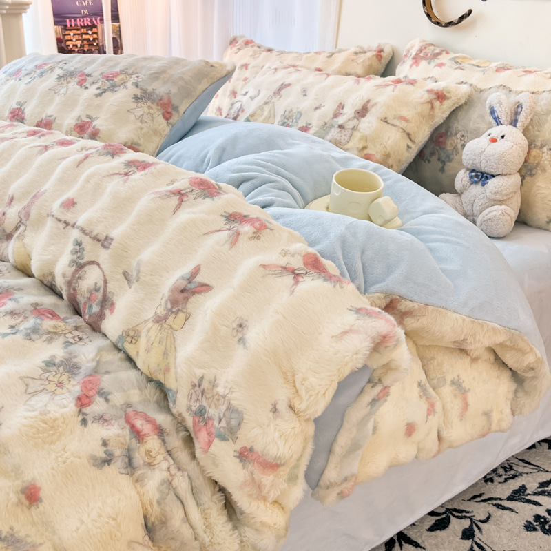 2024 nuevo traje de cuatro piezas de felpa de conejo de invierno más terciopelo de lana de leche franela de coral funda de edredón sábana de invierno