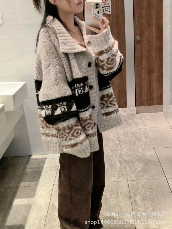 琪镌绘制费尔岛开衫外套女美式宽松慵懒风撞色高领针织毛衣88220|undefined
