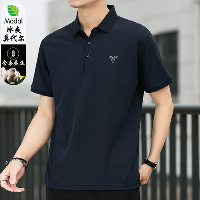 刺绣桑蚕丝POLO衫男2022夏季新款莫代尔短袖男士t恤批发纯色T恤衫