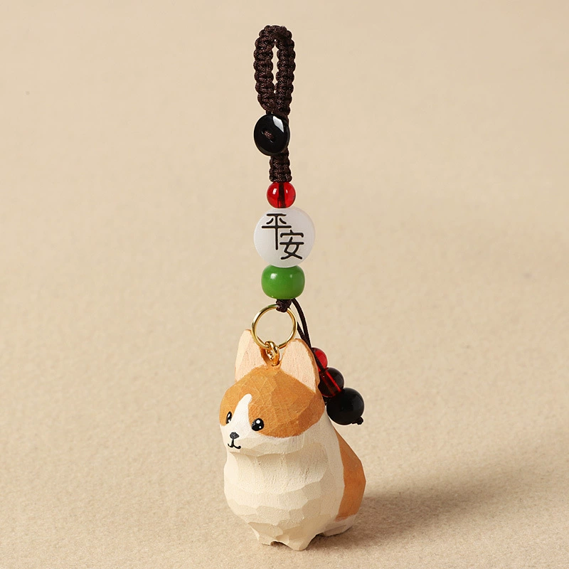 Handmade Wood Carving Keychain Pendant, Cute Dog & Fortune Designs, Birthday Gift, 10 g