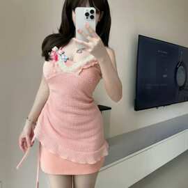 【原版面料两件套】花朵蕾丝v领吊带连衣裙女夏季纯欲辣妹