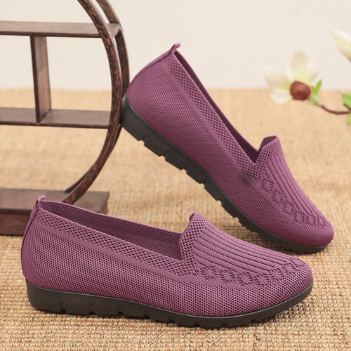 Spring and Summer Old Beijing Fabric Women's Shoes Breathable Flyknit Mesh Surface Non-slip Flat Shoes for Middle-aged and Elderly Mothers, Low Mouth Single Shoes