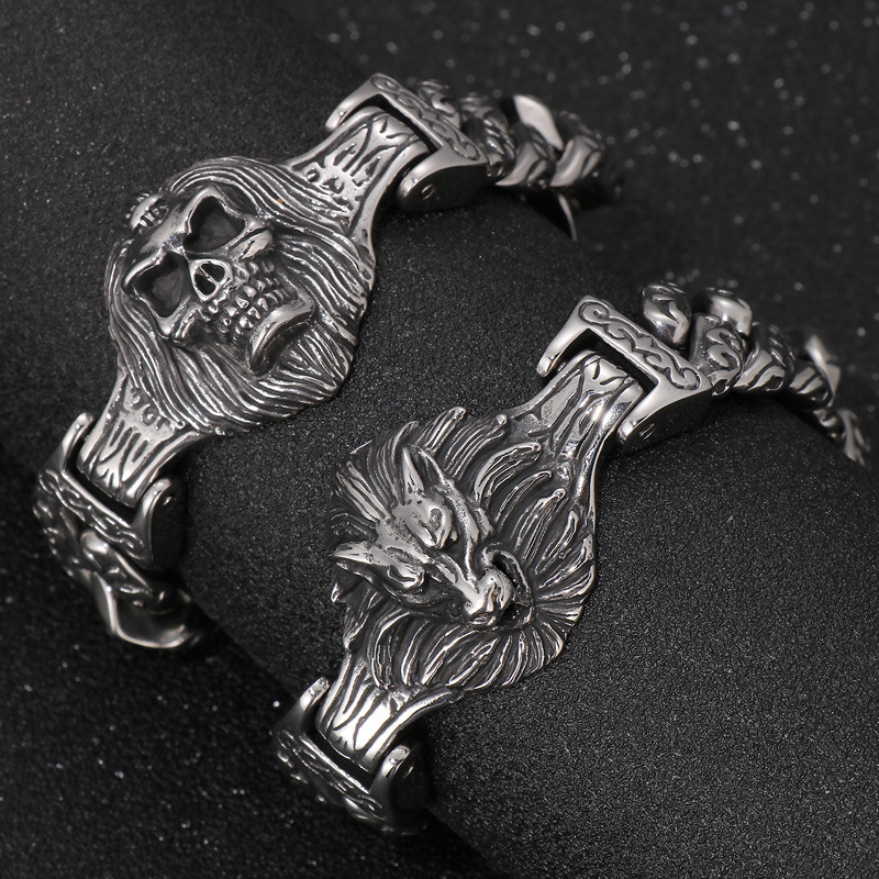 Amazon European and American Creative Cast 304 Stainless Steel Wolf Head Skull Bracelet Street Halloween Carnival Accessories Amazon European and American Creative Cast 304 Stainless Steel Wolf Head Skull Bracelet Street Halloween Carnival Accessories