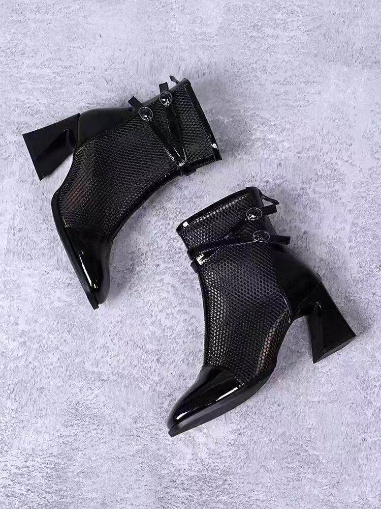 Sandal nữ da thật mũi vuông lưới thoáng khí gót thô đế mềm — Da sơn đen chi tiết 7