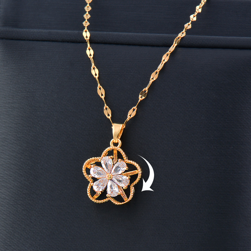 Fashion Flower Titanium Steel Inlay Zircon Pendant Necklace 1 Piece