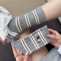 双针纯棉条纹中筒女袜可爱卡通腊肠狗刺绣不对称AB袜字母堆堆长袜