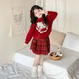 女童冬季韩版百褶裙套装新款加厚保暖Kitty毛衣格子半身裙两件套