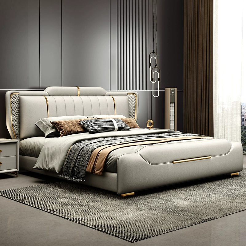 Простая современная кожаная кровать, новая модель 2025 года, двуспальная кожаная кровать 1.8m размера, легкая роскошь, элегантность, высококачественная кровать для главной спальни, которая не мешает друг другу.