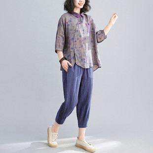 T5C Summer New Korean Style Large Size Slimming Look Two-Piece Set Retro Print Fashionable 2023 Cotton and Linen Suit for Women