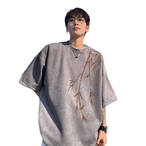 Trendy Print T-Shirt for Men - 2025 New Release, Loose Oversize Design, Unique Subculture National Trend, Suede Texture, Heavyweight Short Sleeve