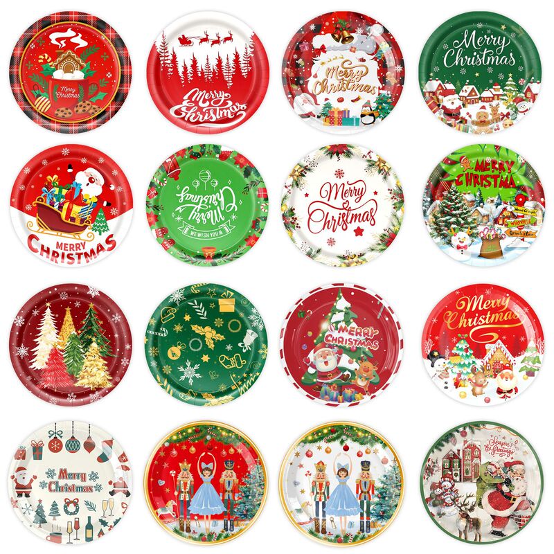 Christmas disposable paper plates, paper cups, paper towels, Santa Claus and snowman themed party tableware and decorations Christmas disposable paper plates, paper cups, paper towels, Santa Claus and snowman themed party tableware and decorations