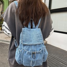 复古风牛仔布双肩包女新款大容量帆布背包学生书包简约个性大包包