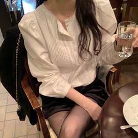 韩国chic早春款甜美蕾丝边长袖衬衫女法式泡泡袖上衣气质优雅衬衣
