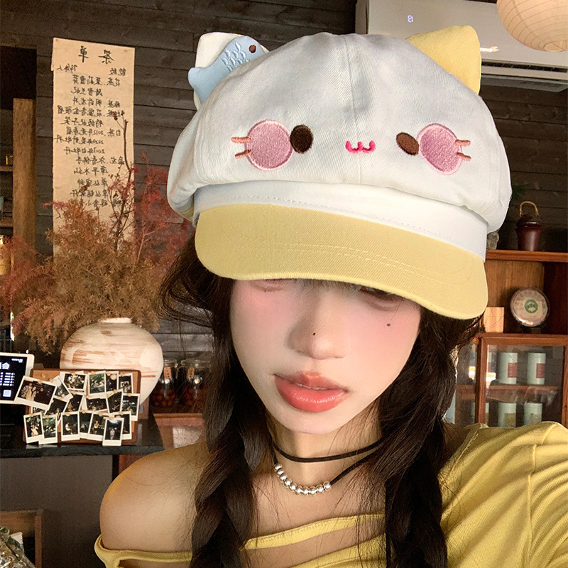 可爱卡通猫咪八角帽子女春夏出游甜美百搭显脸小贝雷帽学生报童帽|undefined