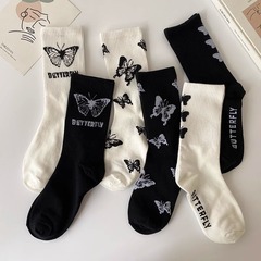 Women's and Men's Unisex College Style Black and White Butterfly Knee-High Trendy Socks, New Autumn and Winter Collection