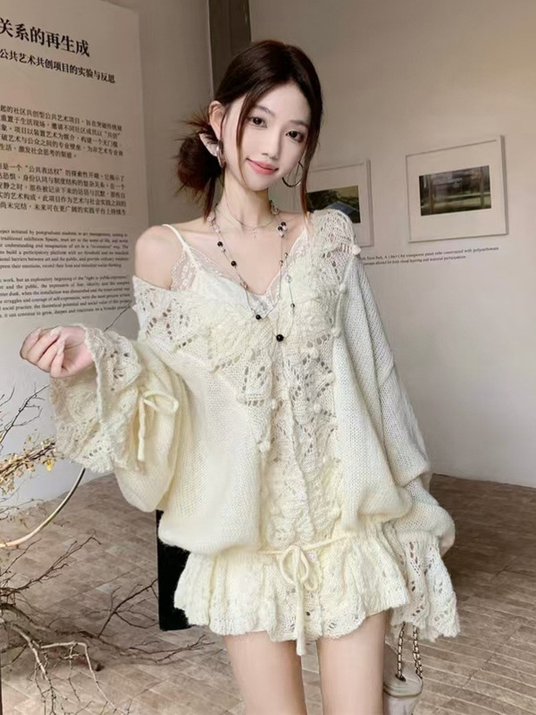 韩系温柔风镂空花边v领白色针织开衫女25秋新款宽松收腰毛衣上衣|undefined