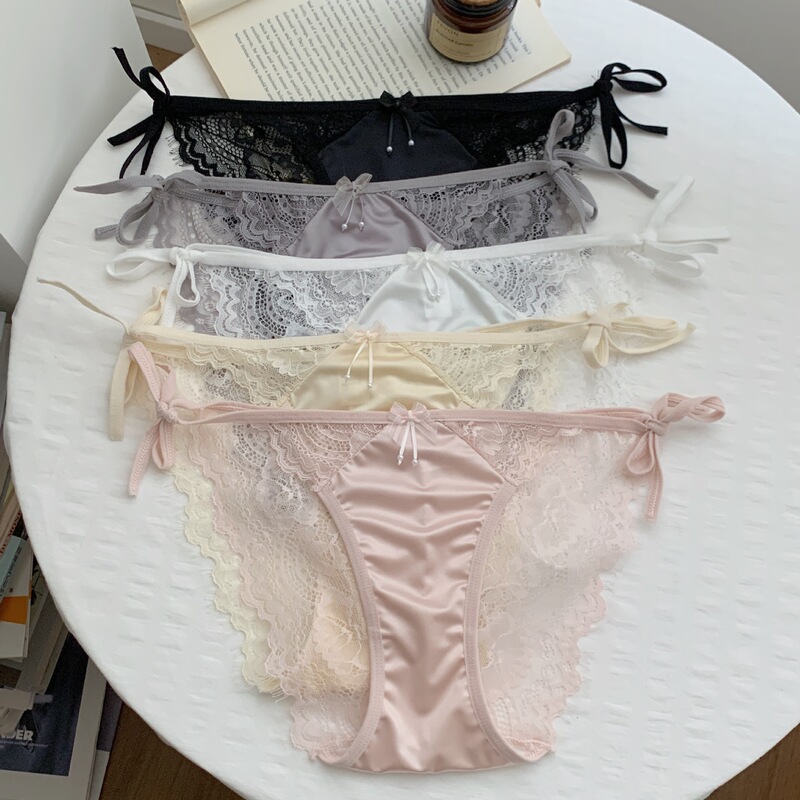 Little Women's Underwear Low Waist Triangle Shorts Ultra-thin Sexy Lace Transparent Strap Bow Cotton Crotch Japanese Satin