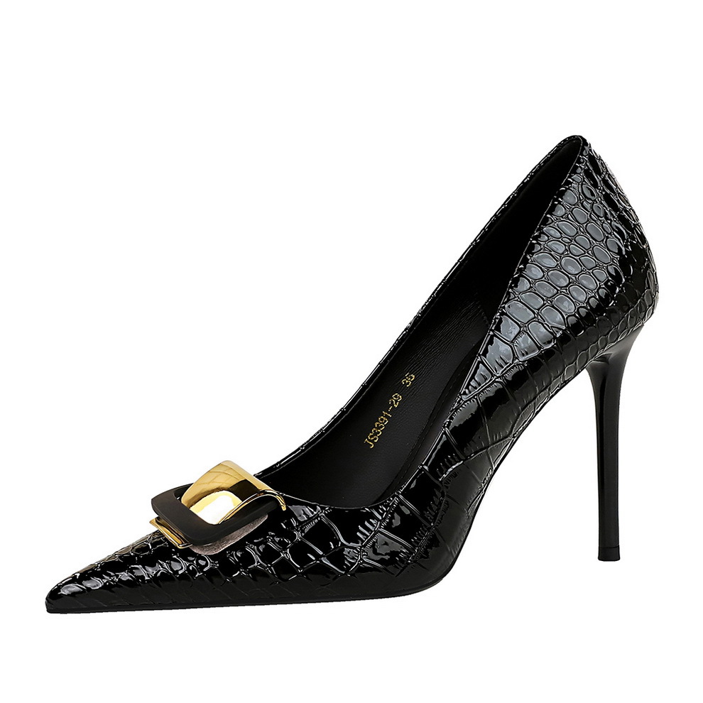 Damenschuhe mit feinen Absätzen, High Heels, flacher Mund, spitze Schlangenhaut, Lackleder, Metallschnalle, dekorative Einzelschuhe für Damen_voghion.com