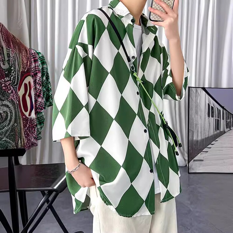 High-End Street-Style Ice Silk Shirt for Trendy Men, with a Unique Design and a Cool, Edgy Look, Seven-Quarter Sleeve Mustard Green Shirt