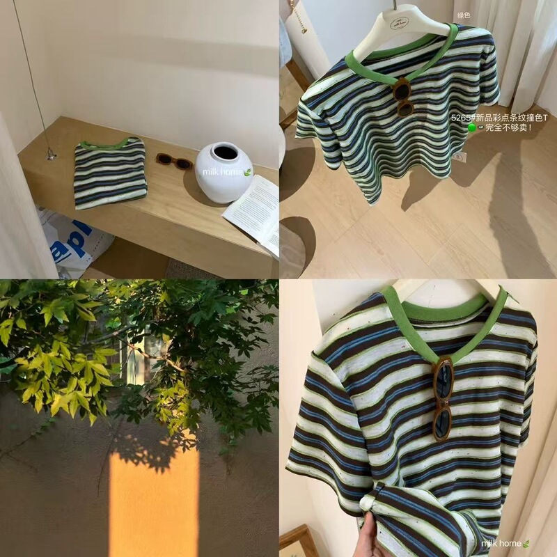 Korean-Style Fresh Striped Design! 2026 Spring/Summer New Versatile Slim-Fit Short-Sleeve Pullover T-Shirt for Women