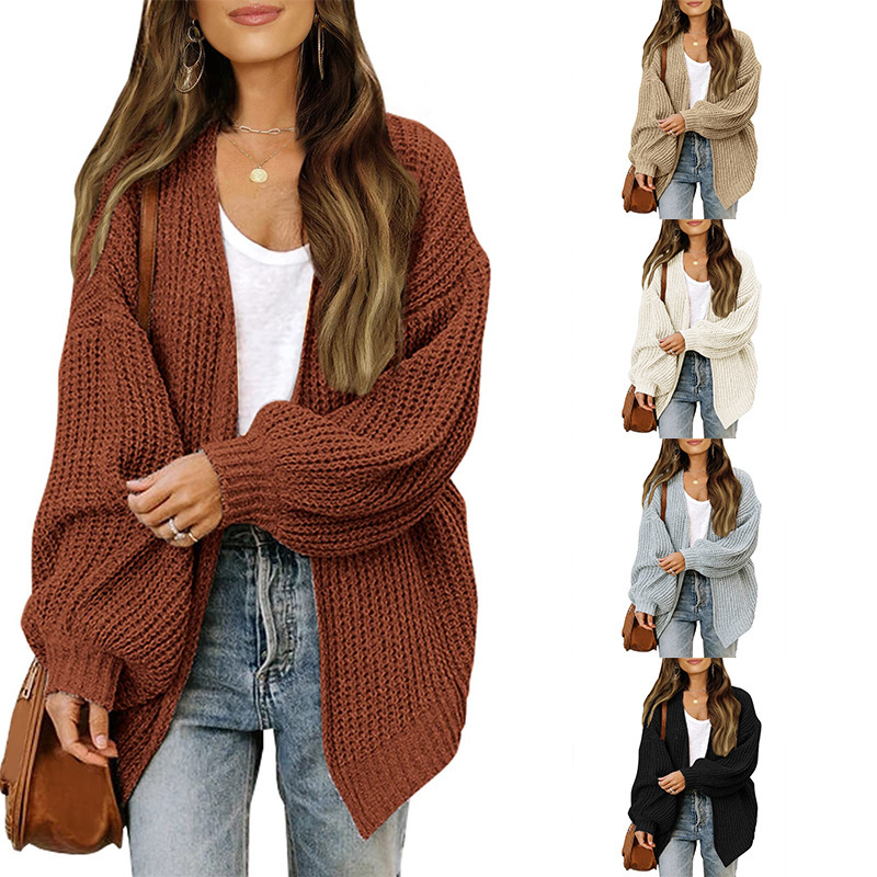 Amazon foreign trade women's lantern sleeve thick needle cardigan 2024 autumn and winter new pocket knitted sweater women's coat