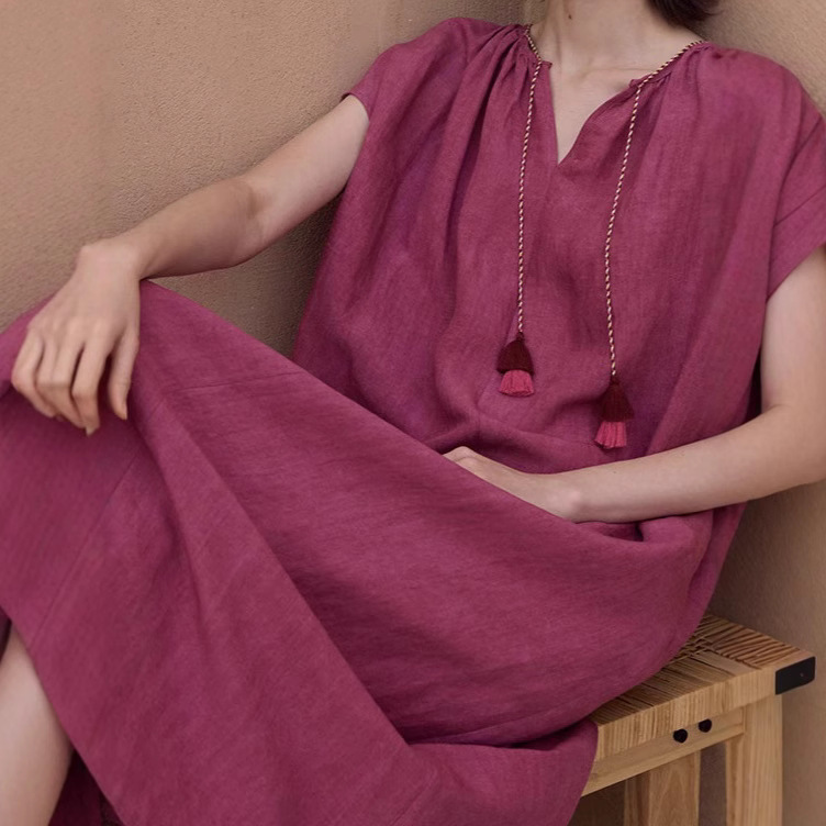 2026 Summer New Plant-Dyed Linen Dress for Women, Loose Fit, Slimming, Vintage Minimalist Lazy Vacation Long Dress 2026 Summer New Plant-Dyed Linen Dress for Women, Loose Fit, Slimming, Vintage Minimalist Lazy Vacation Long Dress