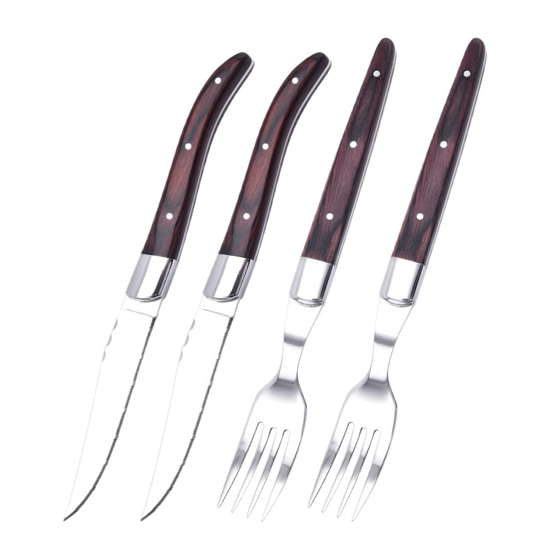 Nuevo cuchillo y tenedor de carne de res de acero inoxidable vajilla occidental creativa cuchillo de carne mango de madera juego de vajilla de regalo en stock image 6