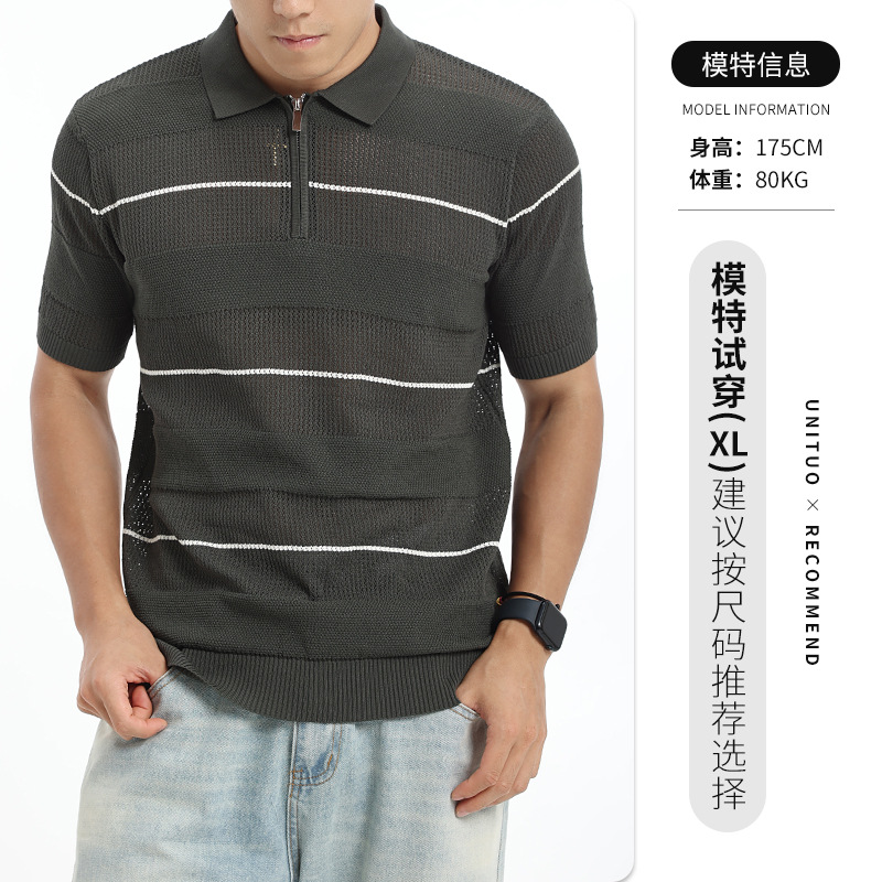 Cross-border hombre hielo de punto camisa de polo de manga corta lujo ligero negocio casual con collar rayas agujeradas camisa de polo hombre