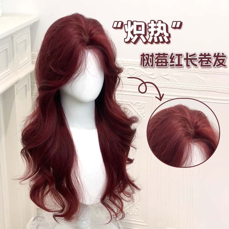 Raspberry Red Wavy Wig for Women, Realistic Hair with Middle Parting and Long Curly Bangs, Full Head Wig Set