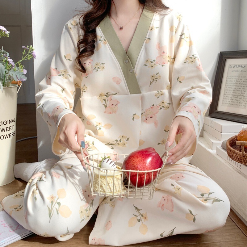 Maternity Pajamas with Breast Pads for Spring and Autumn, Postpartum Maternity Sleepwear, Summer Thin Style for Pregnant Women, Nursing Set for 3-10 Months