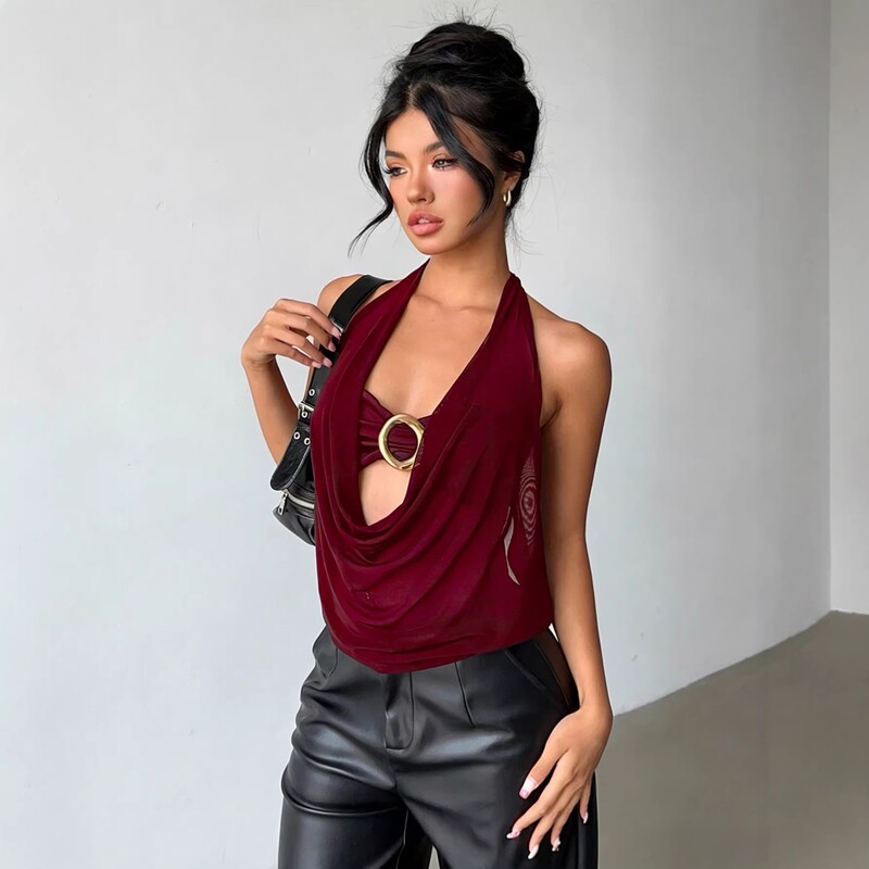 Cross-Border European and American Style Solid Color Halter Neck Mesh See-Through Top with Metal Ring Cutout Backless Tie-Up Tank Top