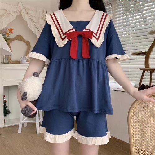 Pajamas for women spring and summer style princess style bear cute and sweet short-sleeved black ruffled bow home wear set