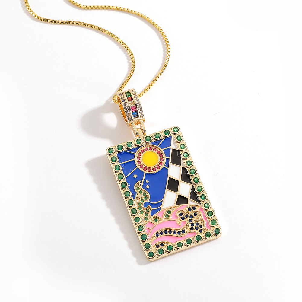 New Enamel Drip Oil Pendant Geometric Painted Tarot Card Copper Necklace display picture 3