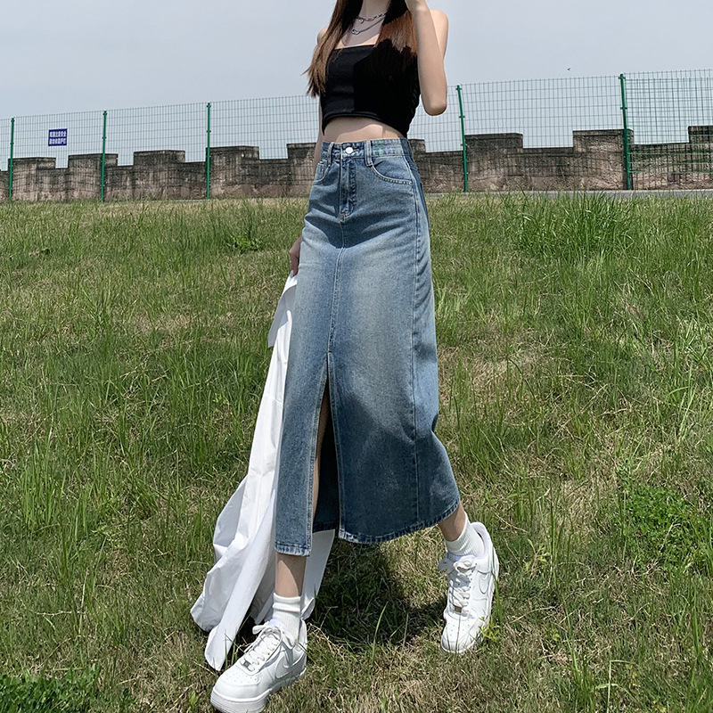 2023春夏季复古蓝开叉中长款牛仔裙女半身裙Women Jeans Skirts