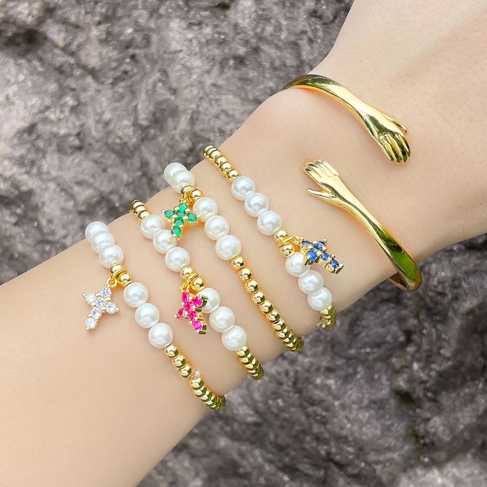 Fashion Cross Copper Bracelets Beaded Gold Plated Pearl Zircon Copper Bracelets