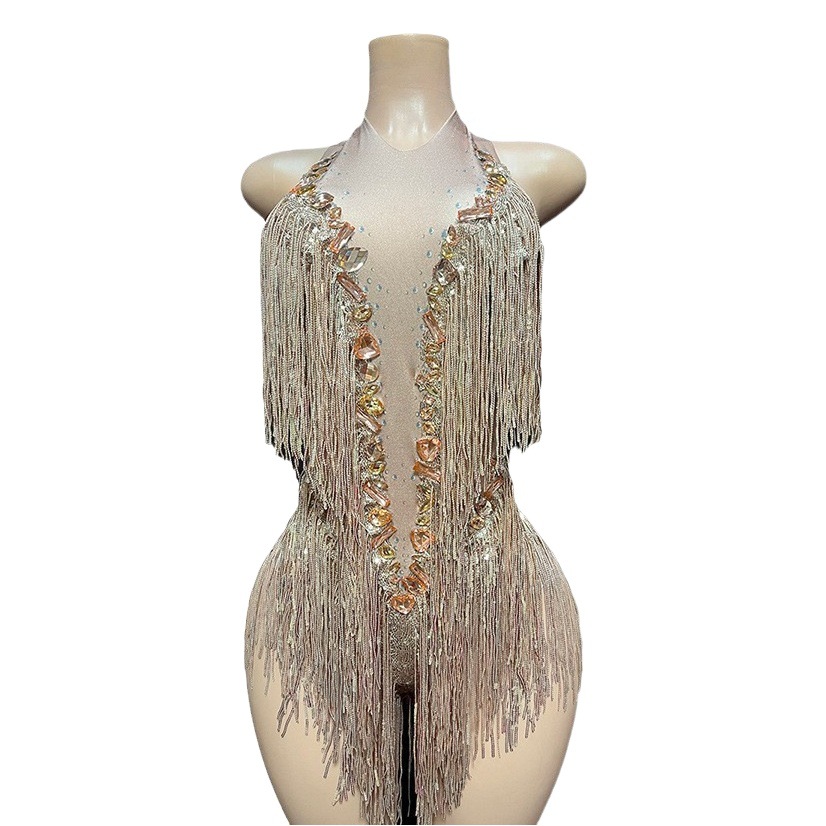 NOCANCE 2023 nuevo champán sexy brillante diamante borla cuello redondo corto elegante de lujo mono
