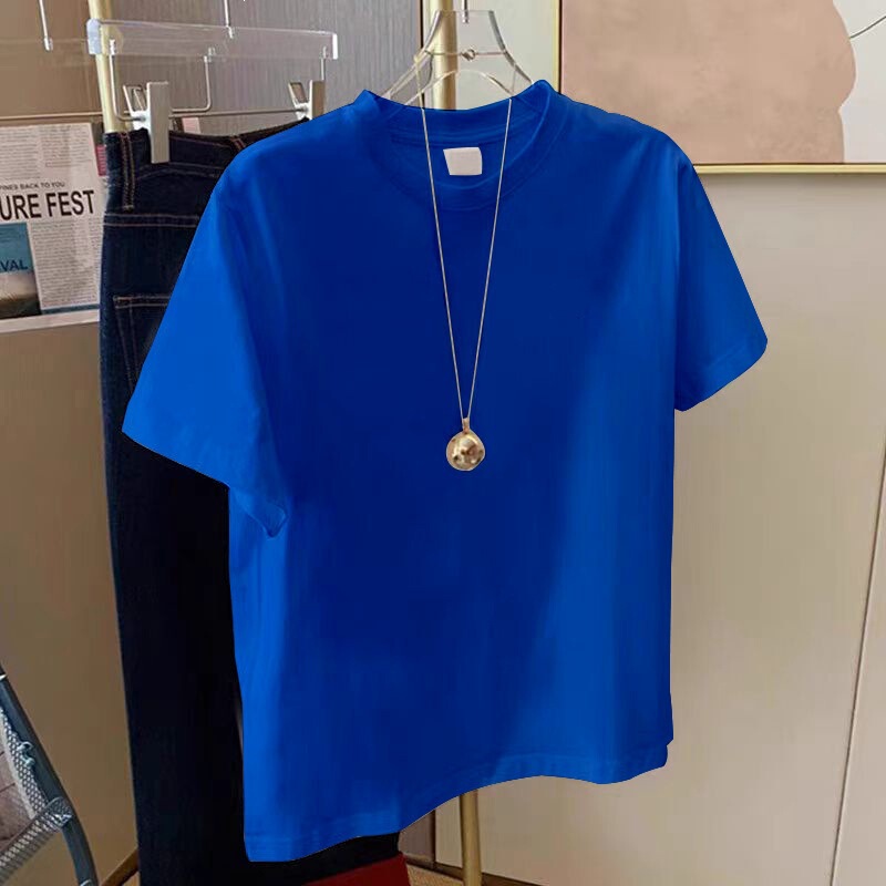 Klein Blue Round Neck Short-Sleeve T-Shirt for Women, Summer European Style, Solid Color, Loose Fit, Versatile, Age-Reducing, Slimming Top